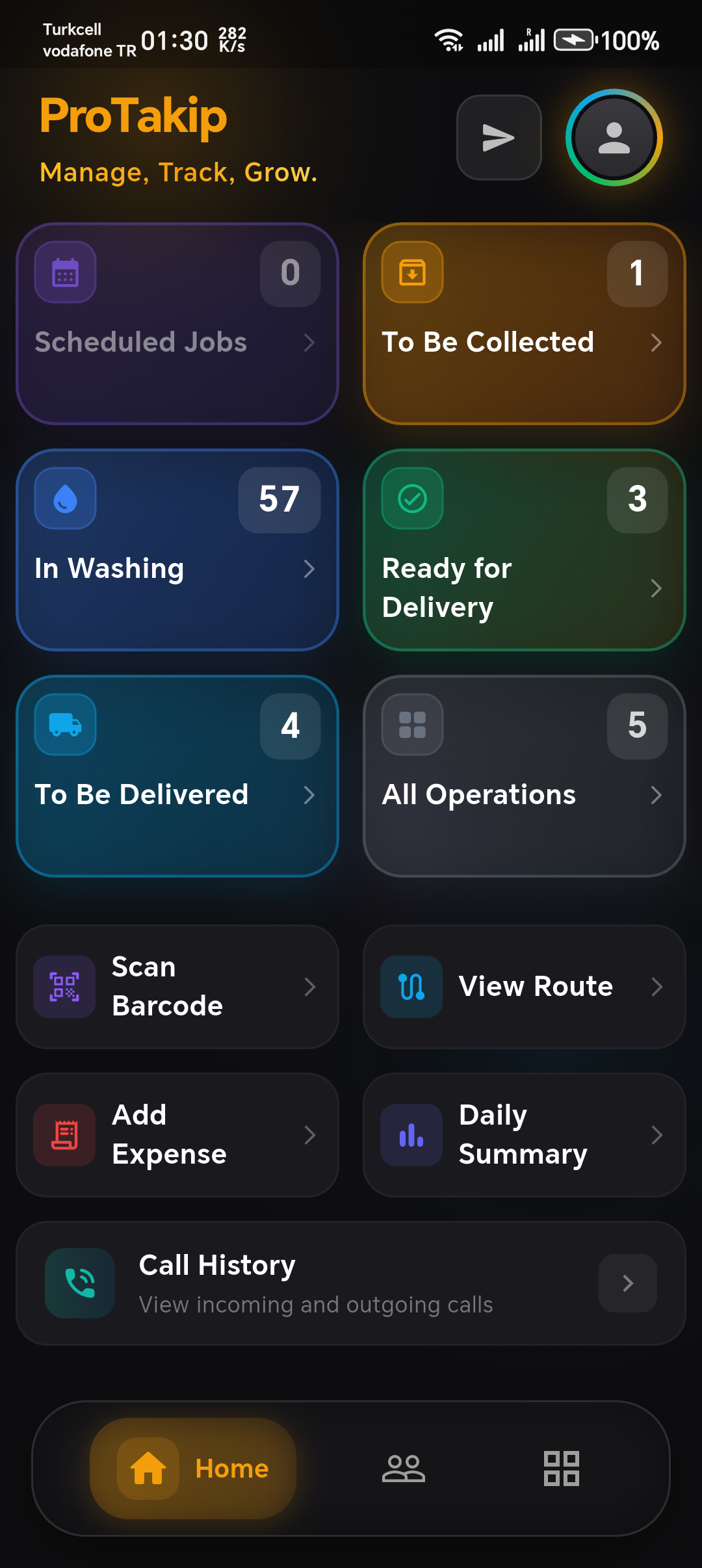 ProTakip mobile app screen — order, customer and delivery management