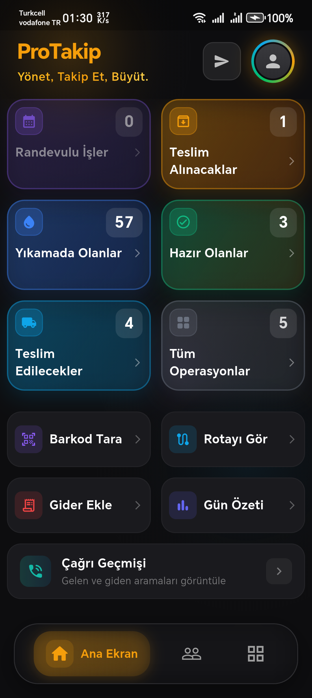 ProTakip mobil uygulama ekranı — sipariş, müşteri ve teslimat yönetimi